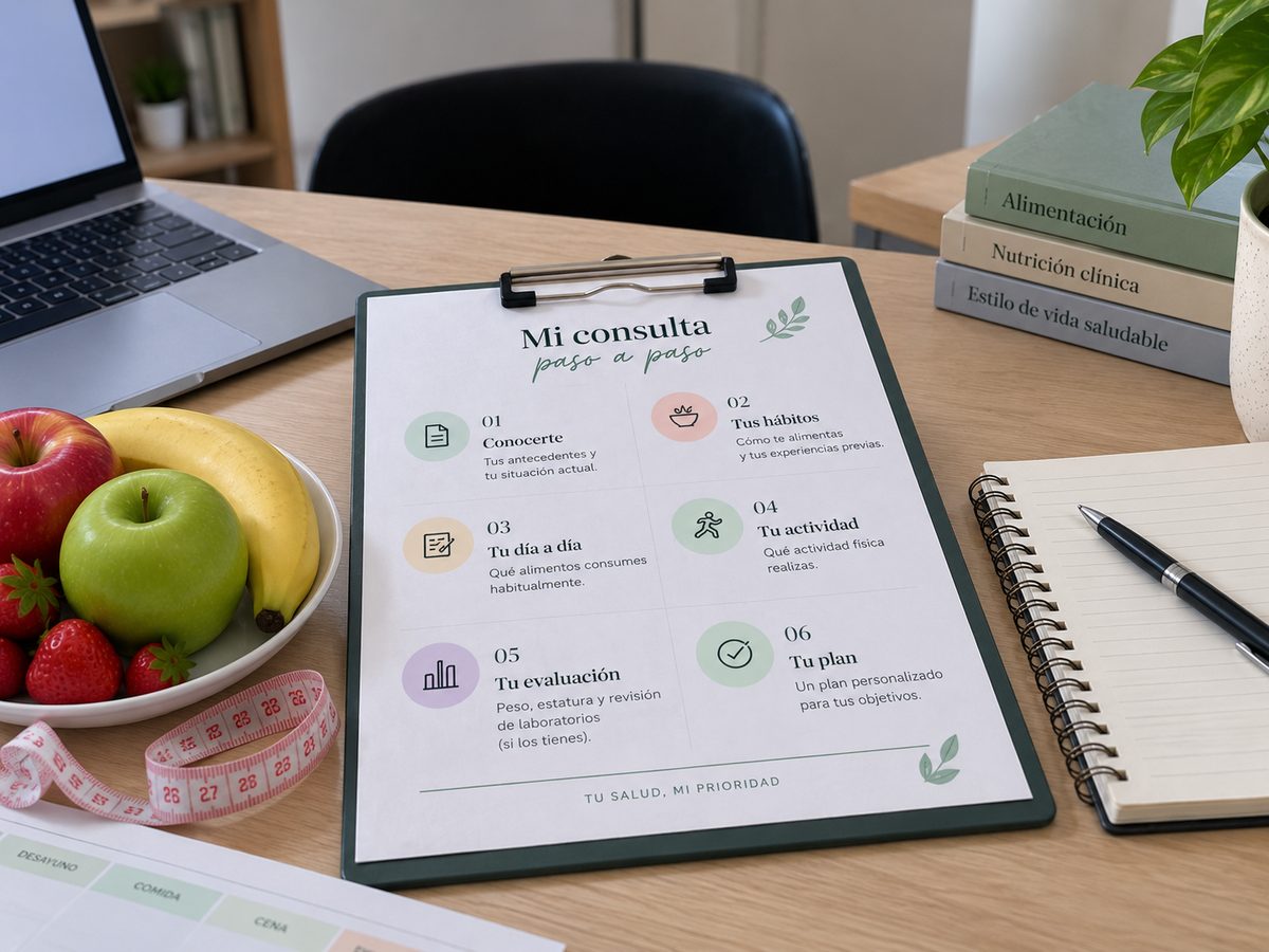 Guía impresa con los seis pasos de la consulta sobre el escritorio, junto a fruta fresca, cinta métrica y libreta de notas