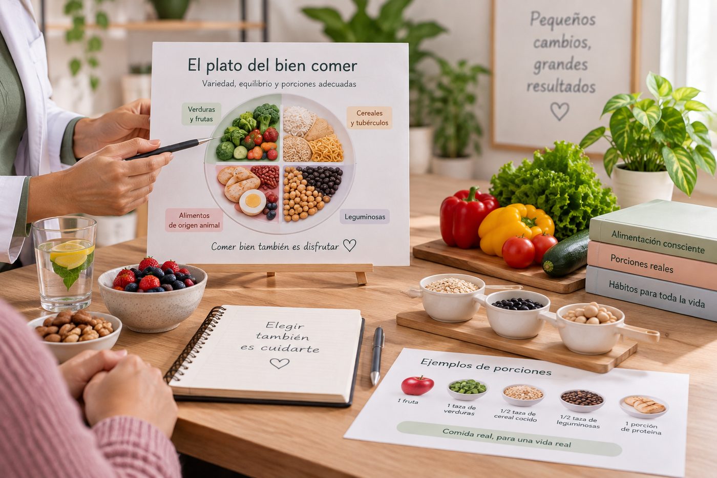 Explicación del Plato del Bien Comer junto a ejemplos de porciones reales durante una sesión de educación nutricional