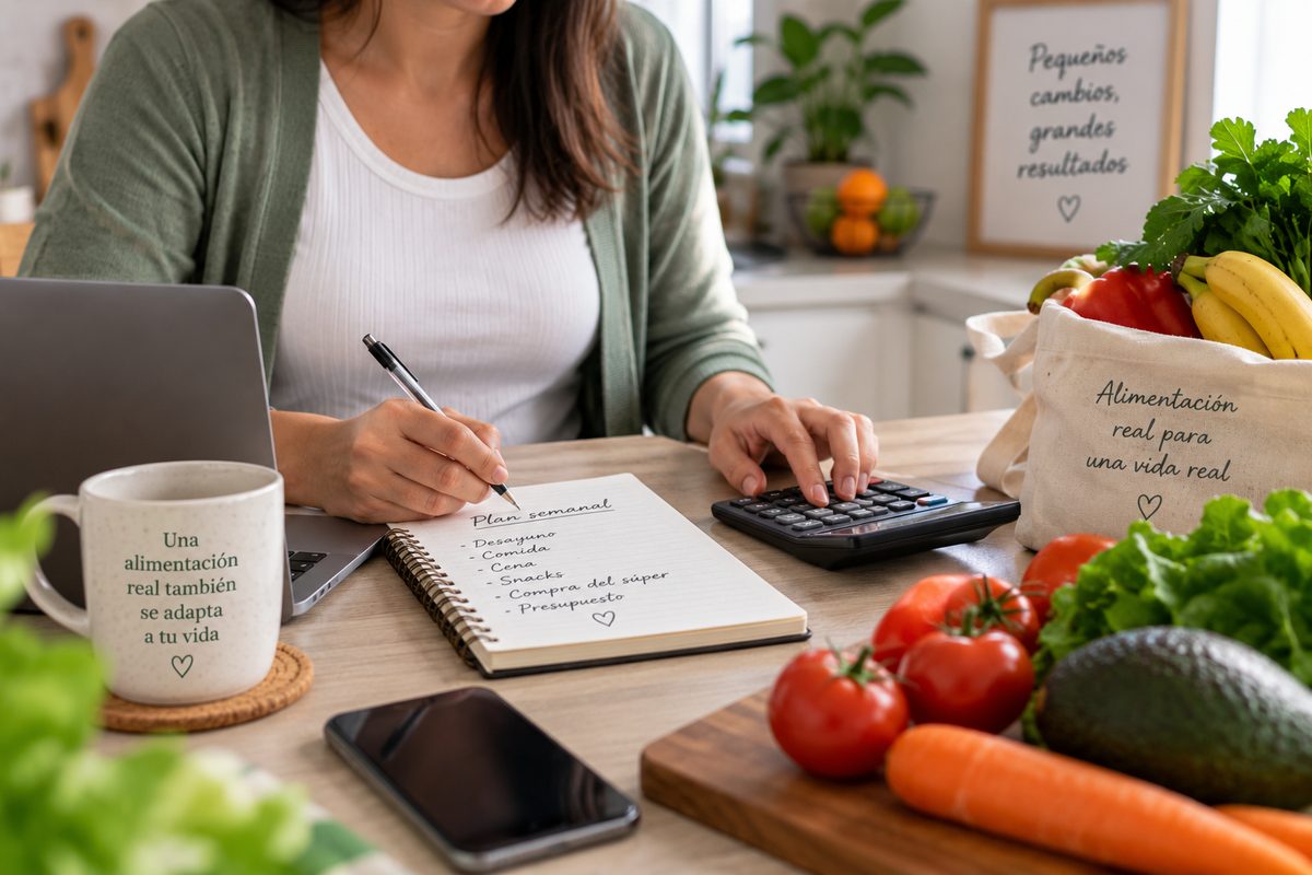 Persona organizando su plan semanal de comidas y el presupuesto del súper junto a verduras frescas