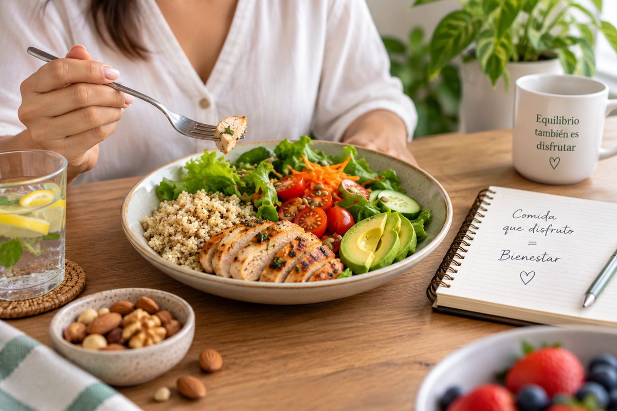 Persona disfrutando un plato equilibrado con verduras, quinoa y pollo en la mesa de su casa